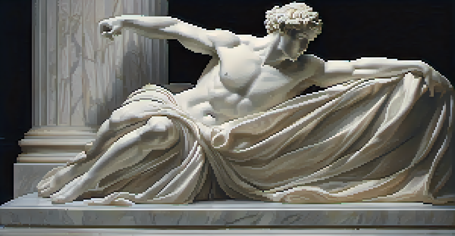 A classical marble sculpture of a human figure in a graceful pose against a dark background, with soft lighting.