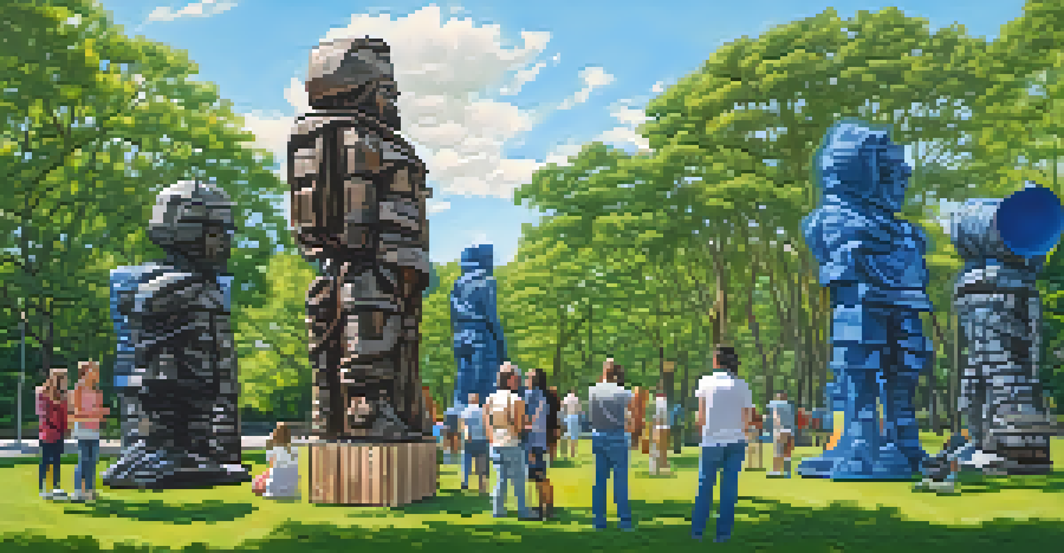 An outdoor art installation with sculptures made from recycled materials, showcasing themes of equality.