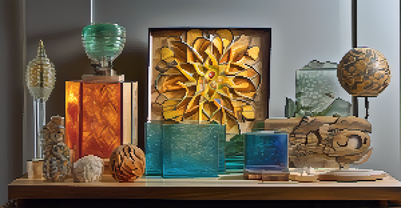A collection of mixed media carvings made of wood, glass, and metal displayed on a table.