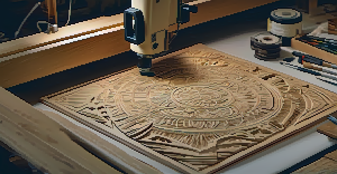 A digital artist using a CNC machine in a warmly lit workshop, surrounded by tools and materials, with intricate designs visible on a computer screen.