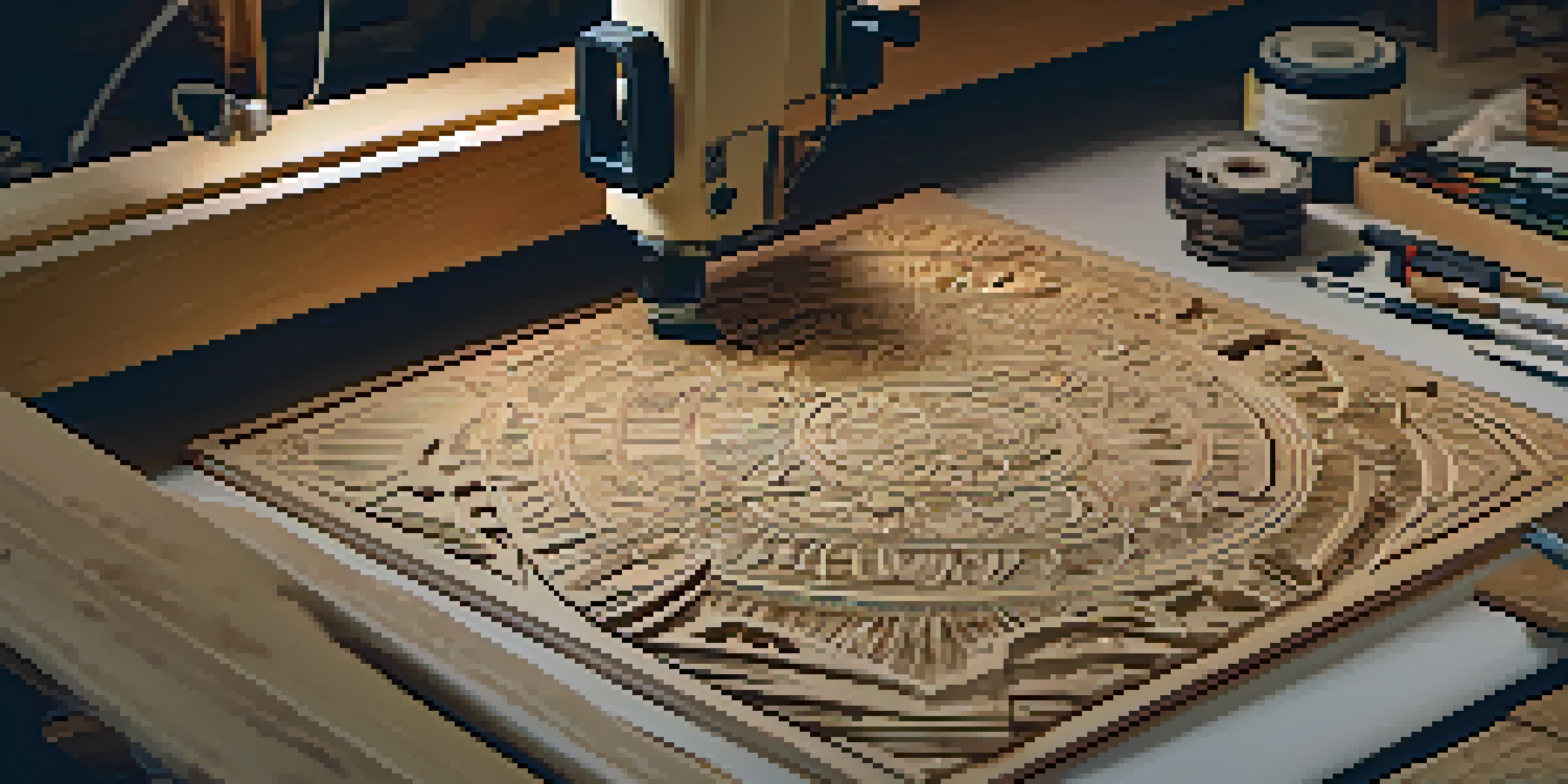 A digital artist using a CNC machine in a warmly lit workshop, surrounded by tools and materials, with intricate designs visible on a computer screen.