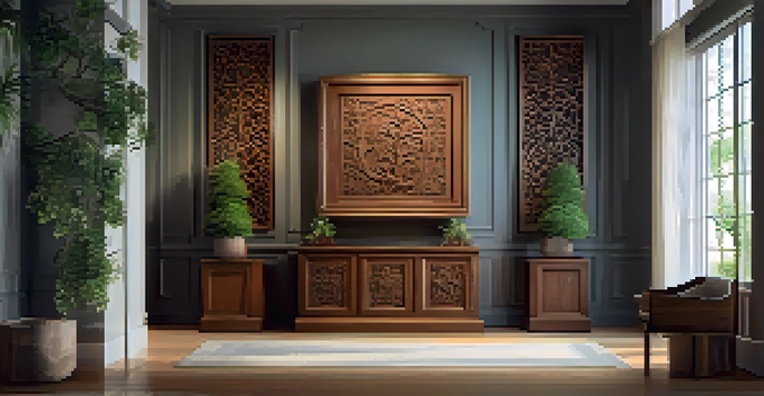 A carved wooden sculpture with intricate floral designs displayed in a softly lit room, showcasing its details against a dark cabinet background.