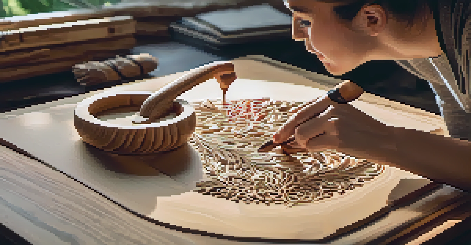 A young woman carving a detailed animal figure from wood, surrounded by natural light and other carved pieces.