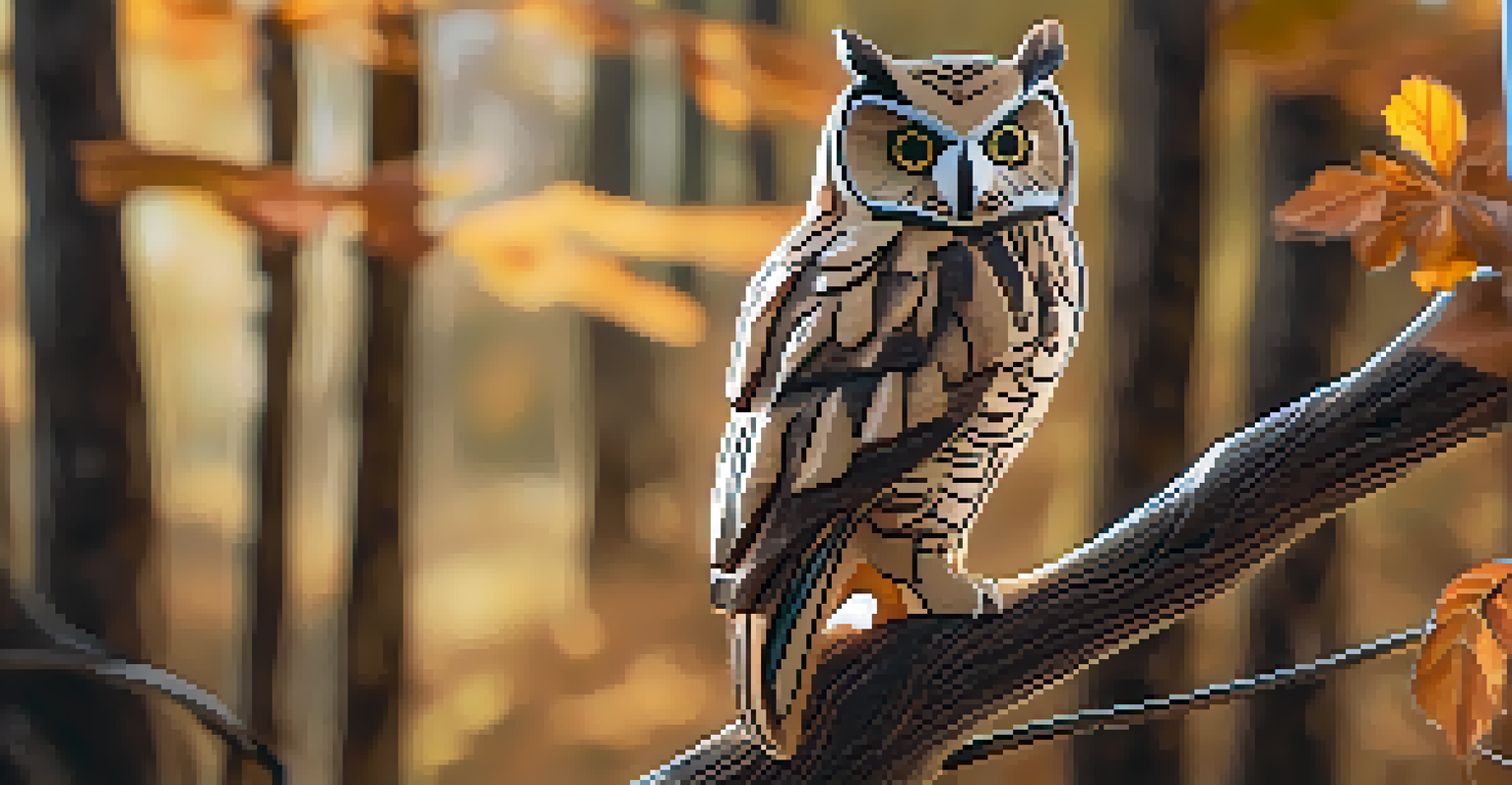 A wooden carving of an owl on a tree branch, with detailed textures and soft sunlight in the background.