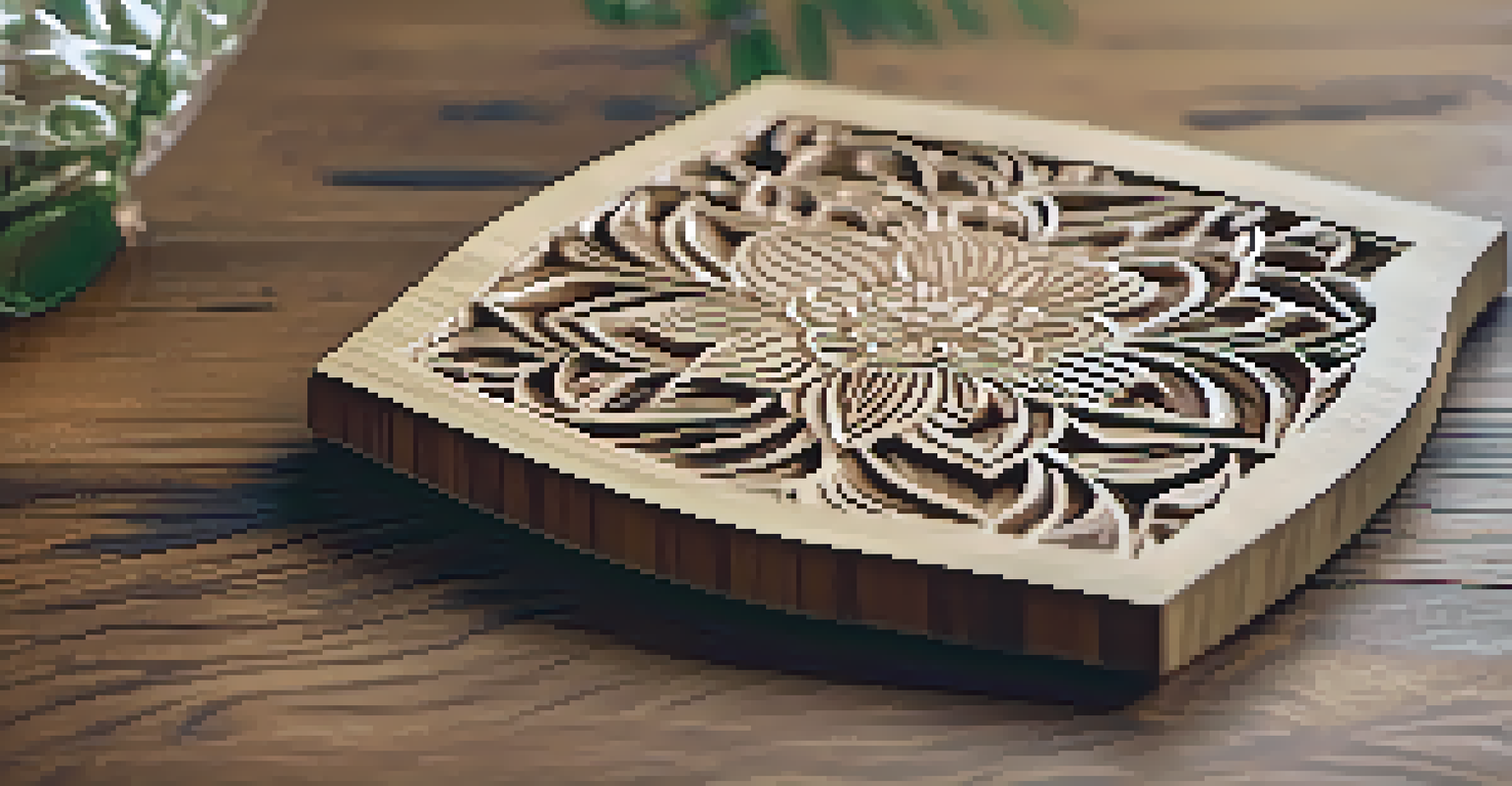A close-up of a carved wooden coaster showcasing intricate floral patterns against a rustic wooden surface.
