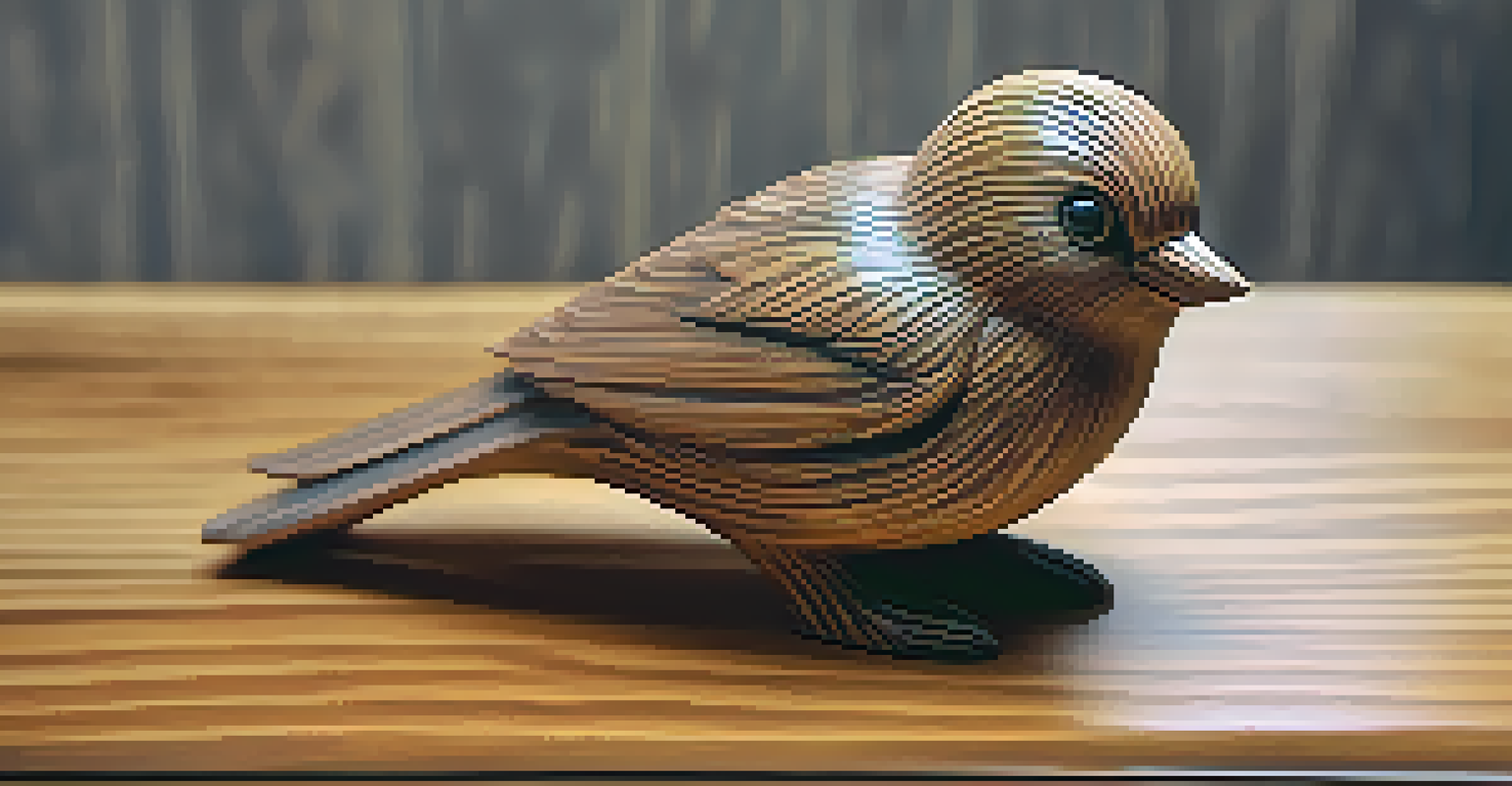 A close-up of a beautifully carved wooden bird figure on a wooden surface, with intricate details and soft lighting.