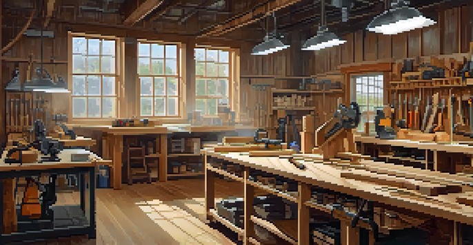 A clean woodworking workshop showing neatly arranged power tools and safety gear on a workbench, with bright lighting.