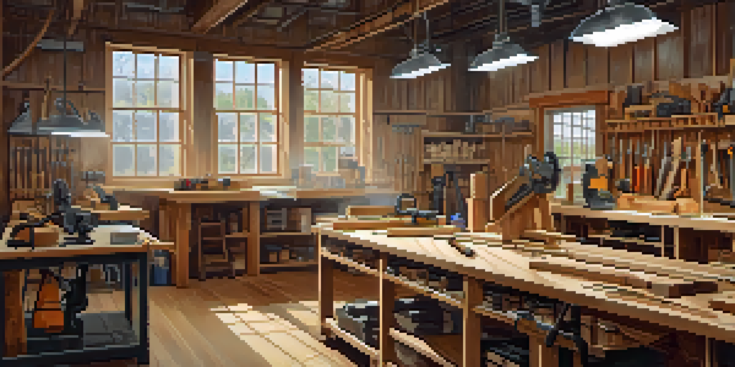 A clean woodworking workshop showing neatly arranged power tools and safety gear on a workbench, with bright lighting.