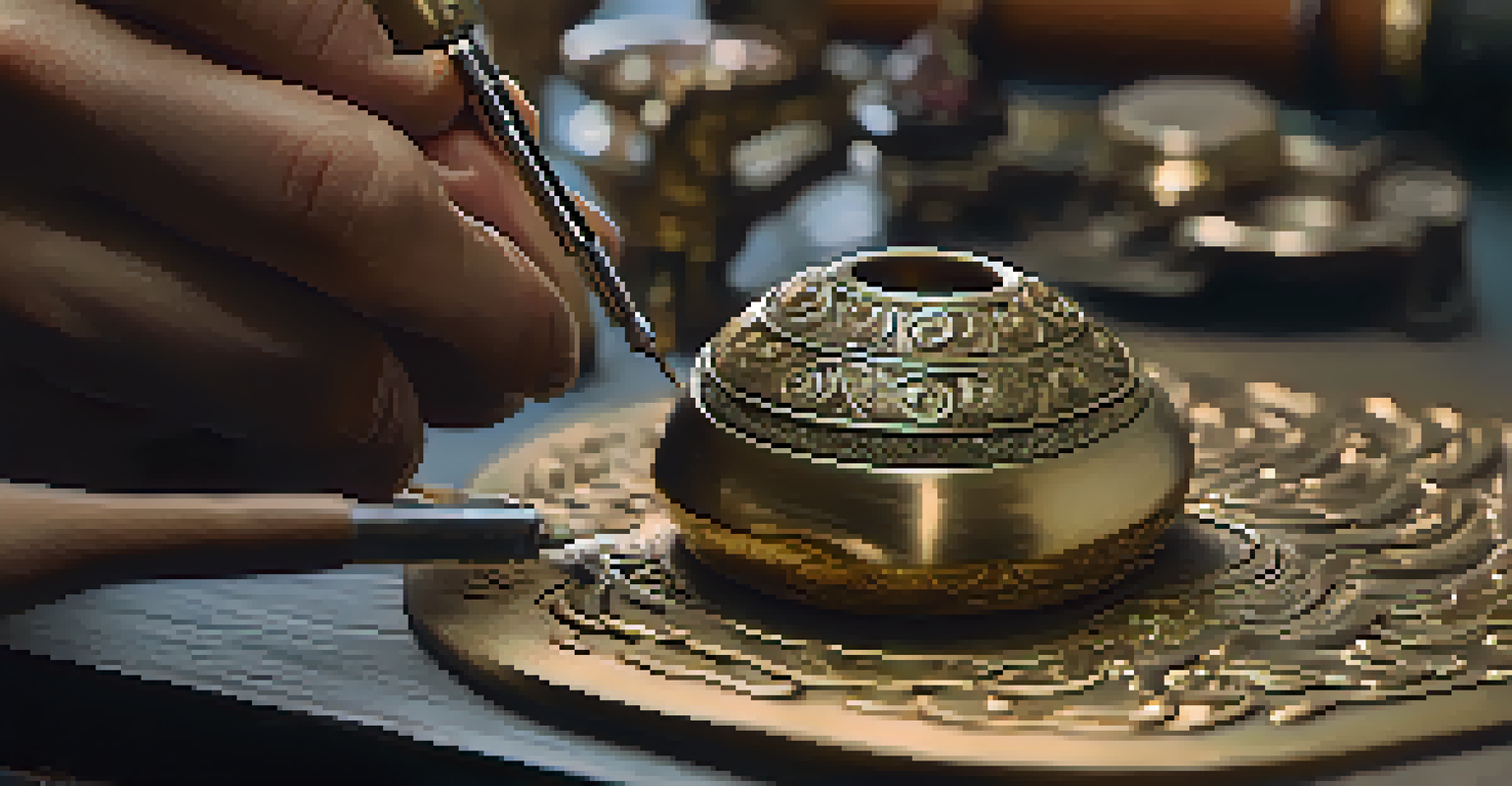 Close-up of an artist's hands using a rotary tool to carve brass jewelry, with dust particles illuminated by light.