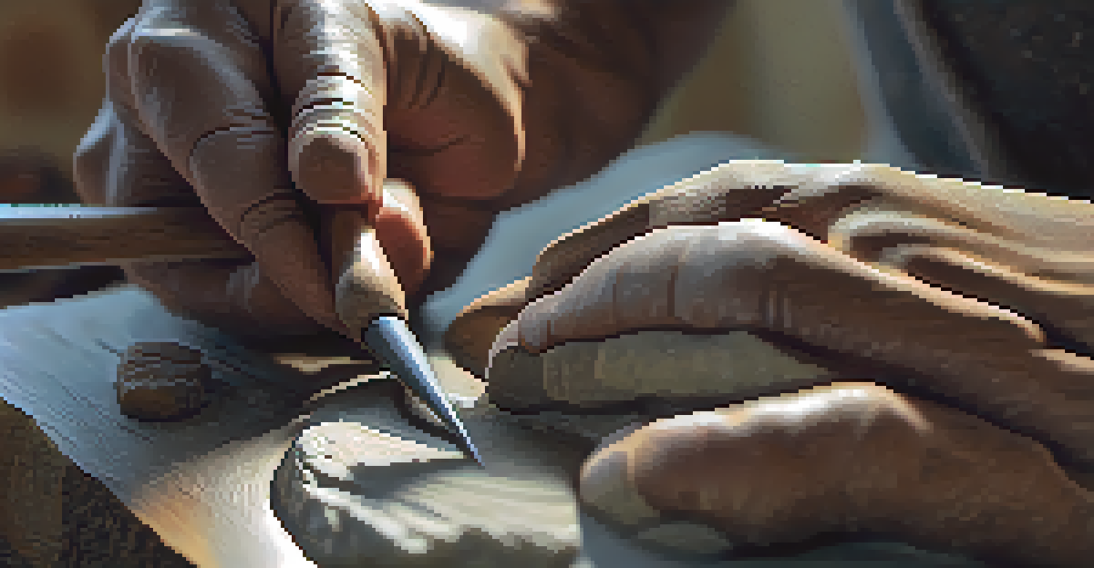 A close-up of hands carving a stone sculpture with traditional tools, highlighting the intricate details.
