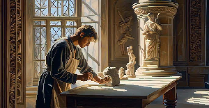 A Renaissance sculptor working on a marble statue in a sunlit workshop, surrounded by tools and stone dust, with light filtering through a window.