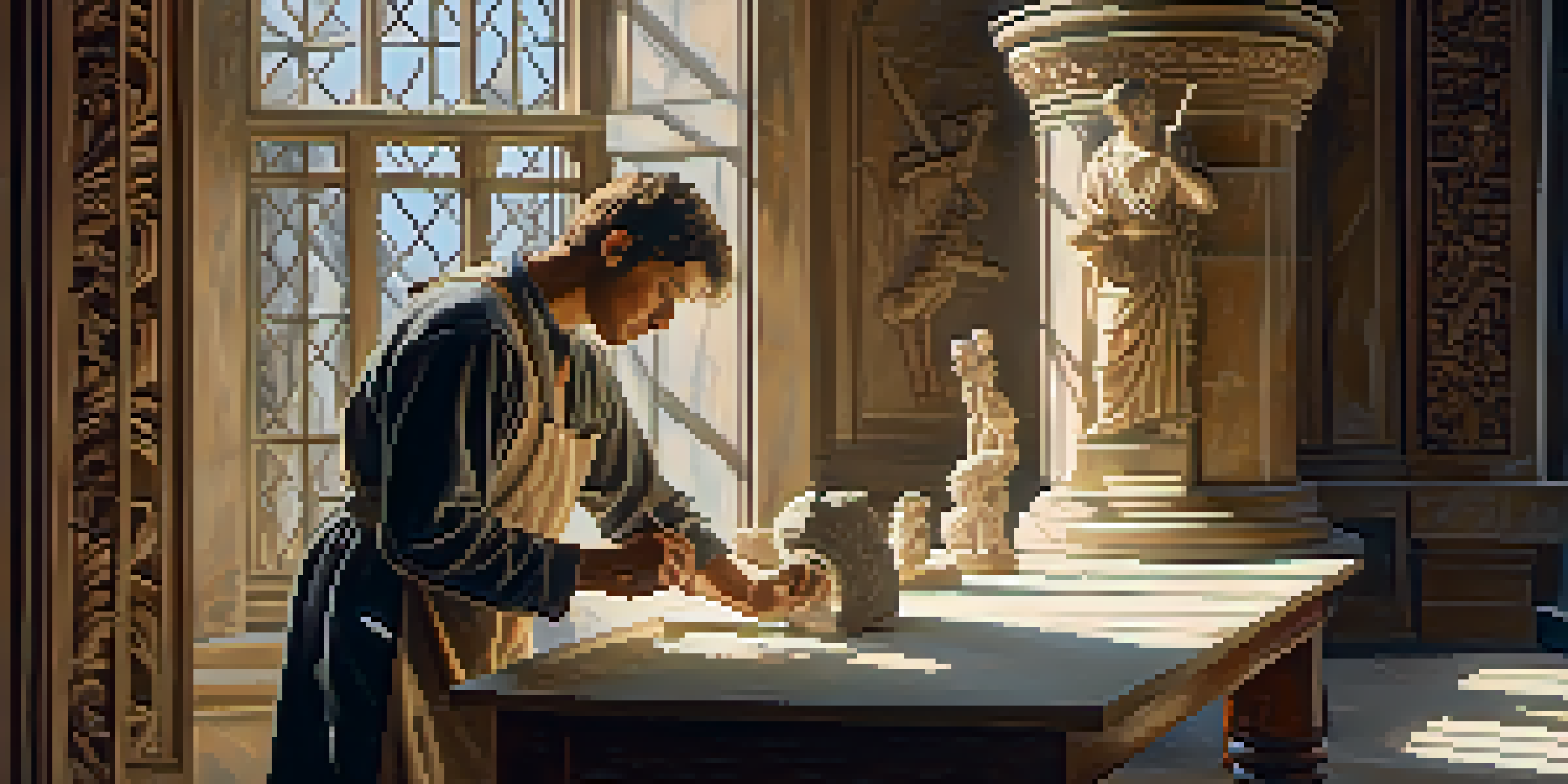 A Renaissance sculptor working on a marble statue in a sunlit workshop, surrounded by tools and stone dust, with light filtering through a window.
