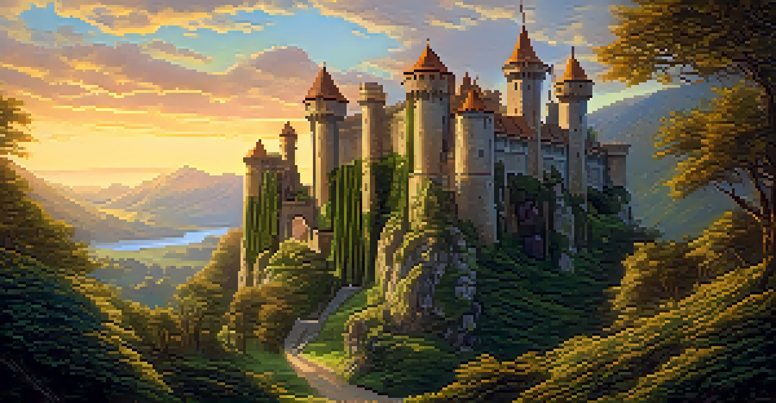 A medieval castle with detailed stone carvings of mythical creatures, surrounded by greenery and bathed in sunset light.