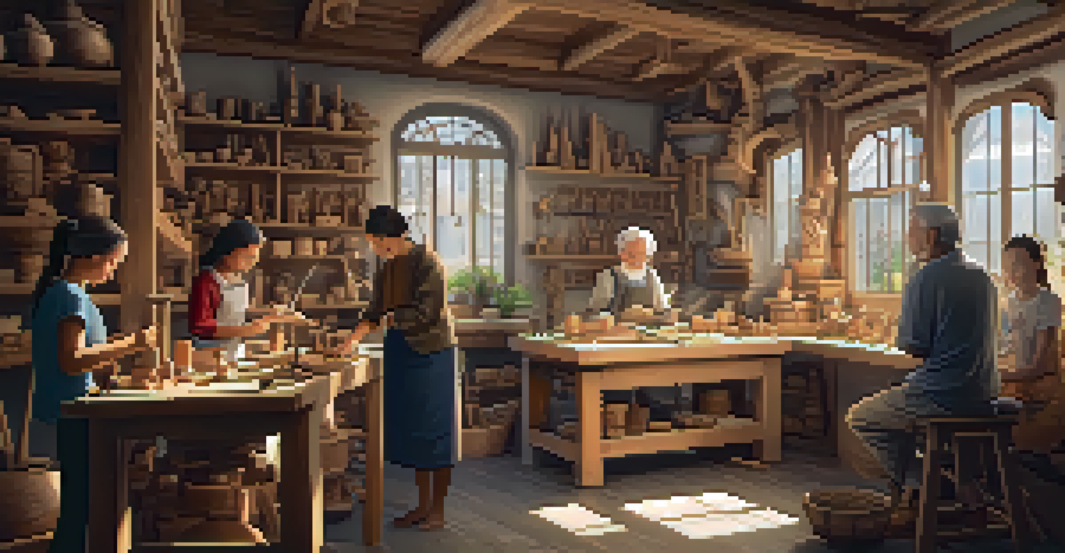 A diverse group in a cozy workshop engaged in a carving class, surrounded by tools and finished pieces, with warm sunlight streaming in.