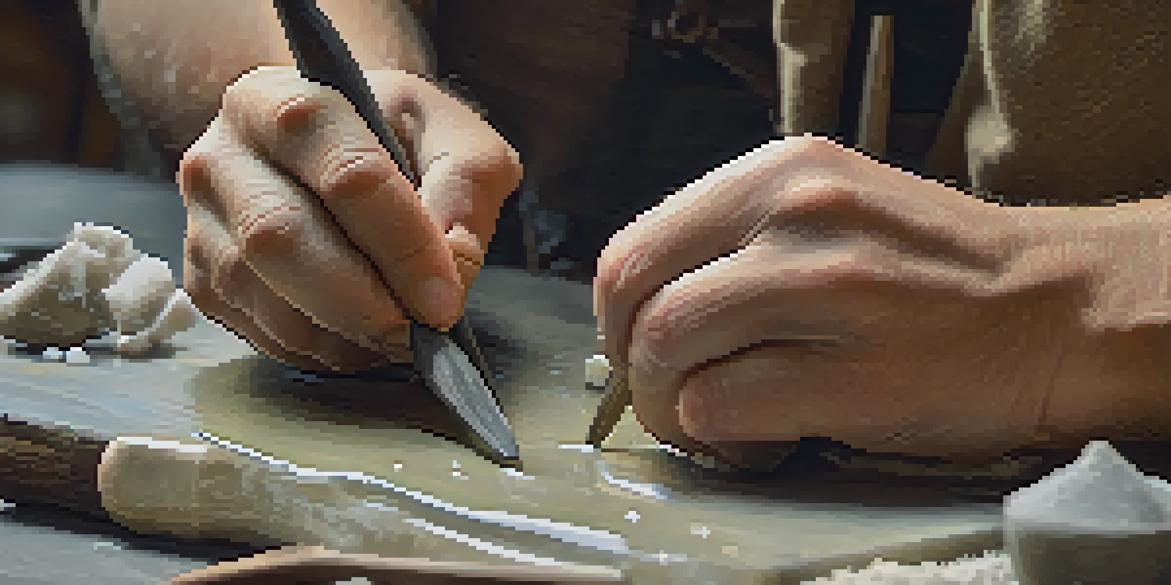 A close-up of an artisan's hands carving soapstone with a chisel, surrounded by tools and stone shavings in a well-lit workspace.