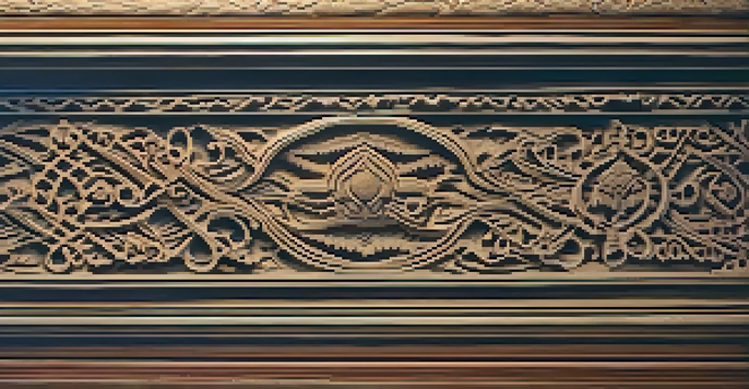 A detailed close-up of a wooden historical carving with intricate patterns, illuminated by soft warm lighting, highlighting its aged textures.