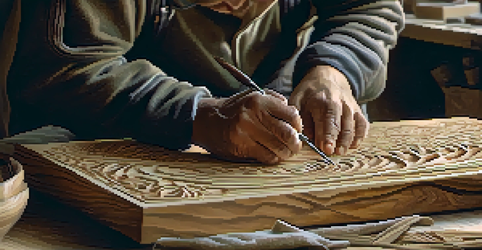 An artisan's hands carving detailed patterns into wood, showcasing craftsmanship and focus in a well-lit workshop.