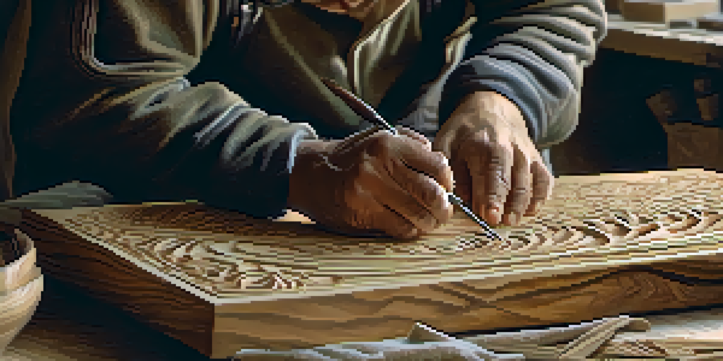 An artisan's hands carving detailed patterns into wood, showcasing craftsmanship and focus in a well-lit workshop.