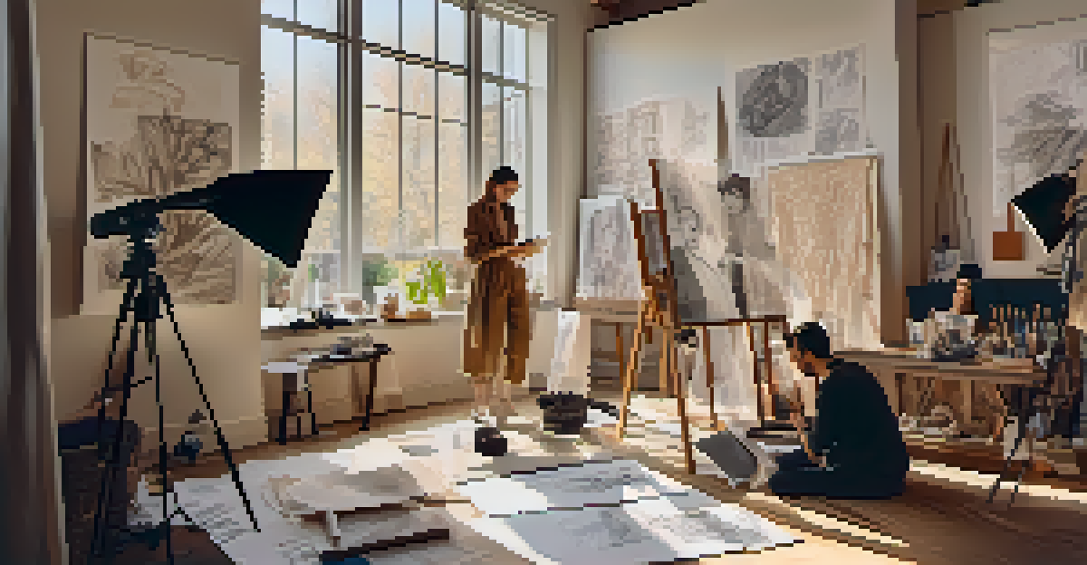 A designer working behind the scenes of a fashion live stream, surrounded by sketches and fabrics, with soft natural light illuminating the scene.