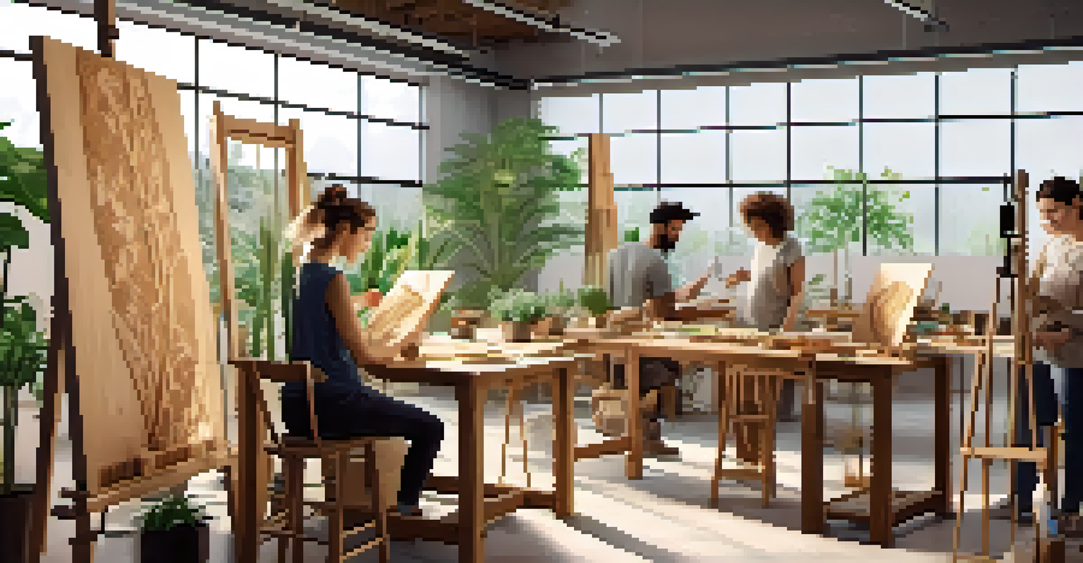 An eco-friendly carving workshop with artists using digital tools and surrounded by sustainable materials.