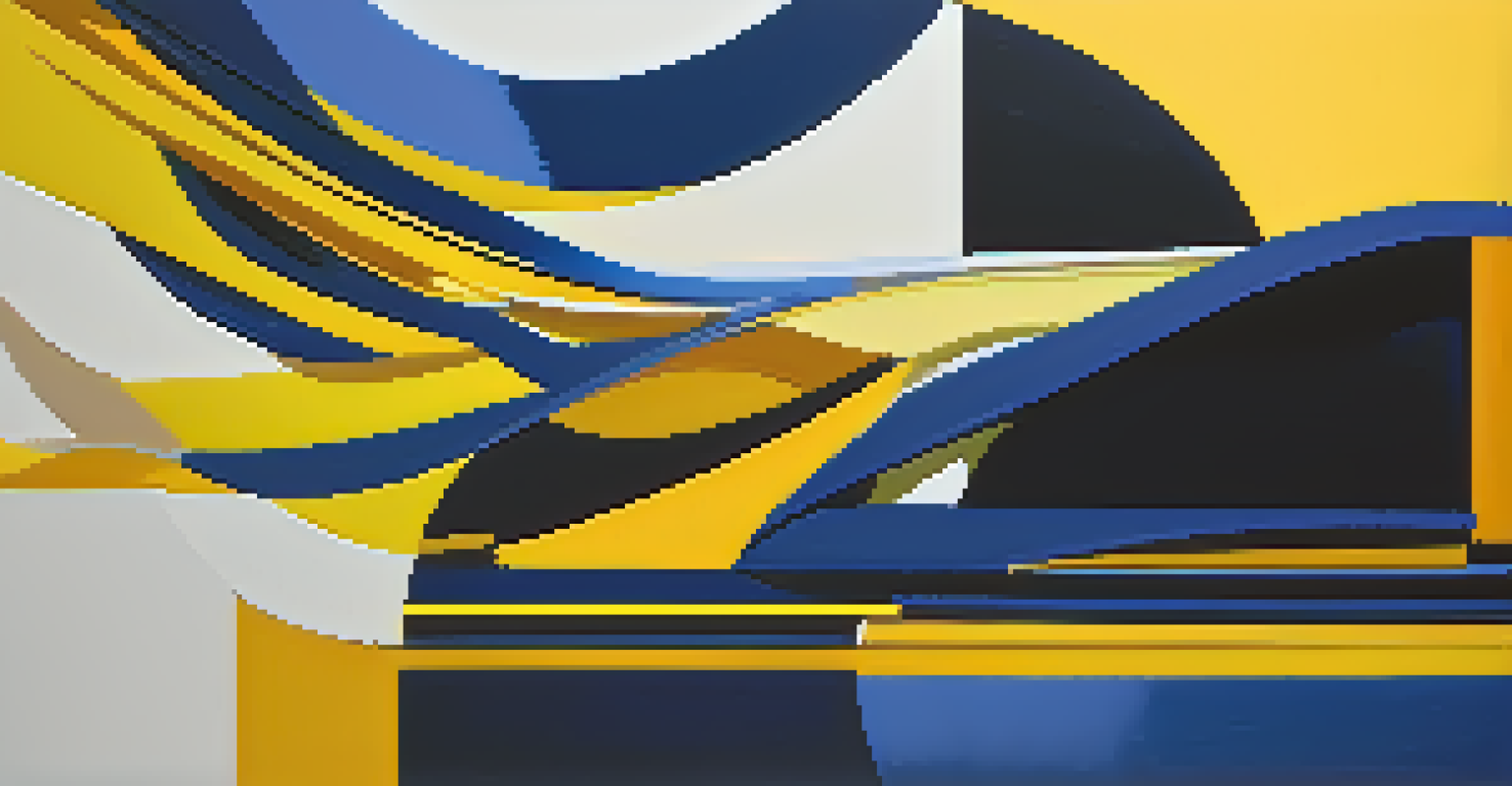 An abstract art piece with contrasting blue and yellow colors, featuring dynamic shapes and shadows.