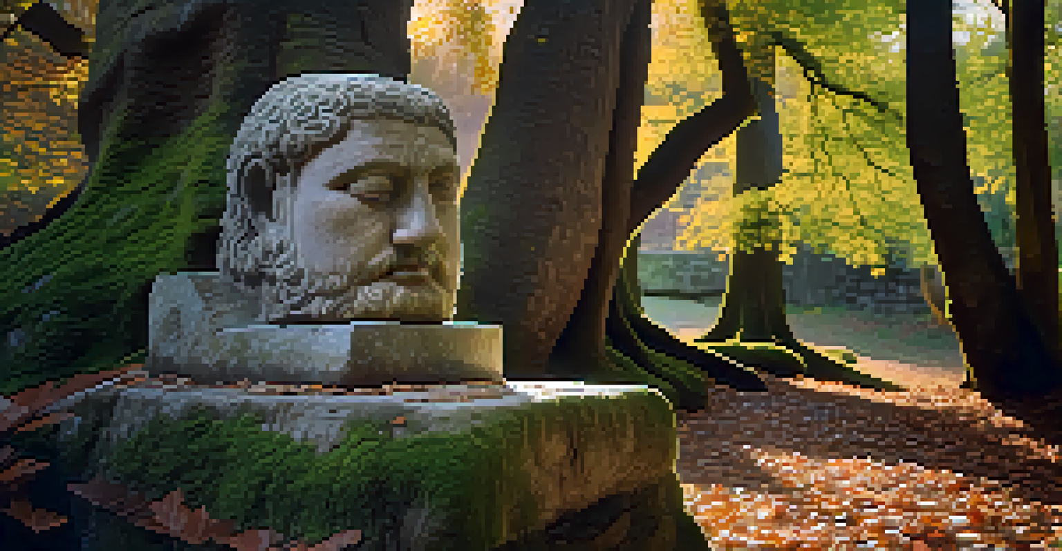 An aged stone carving of an ancient figure outdoors, with cracks and moss, under dappled sunlight.