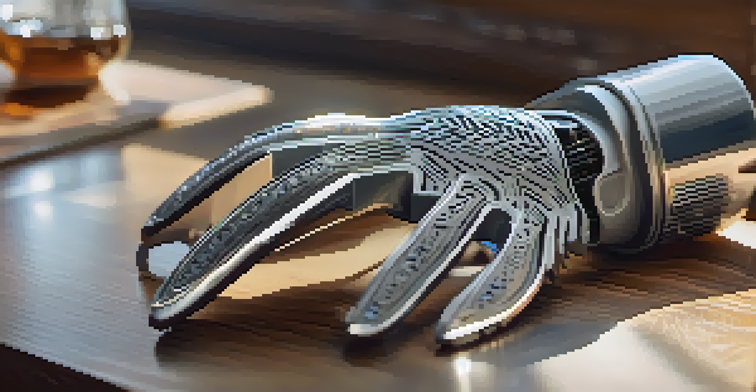 A close-up of a customized 3D-printed prosthetic hand on a wooden table, highlighting its intricate design under soft natural light.