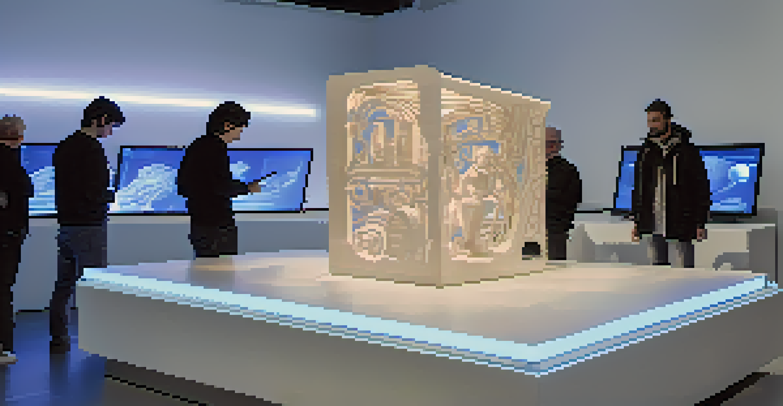 A futuristic art installation with a digital screen and participants using tablets to design carvings, illuminated by blue and white lights.
