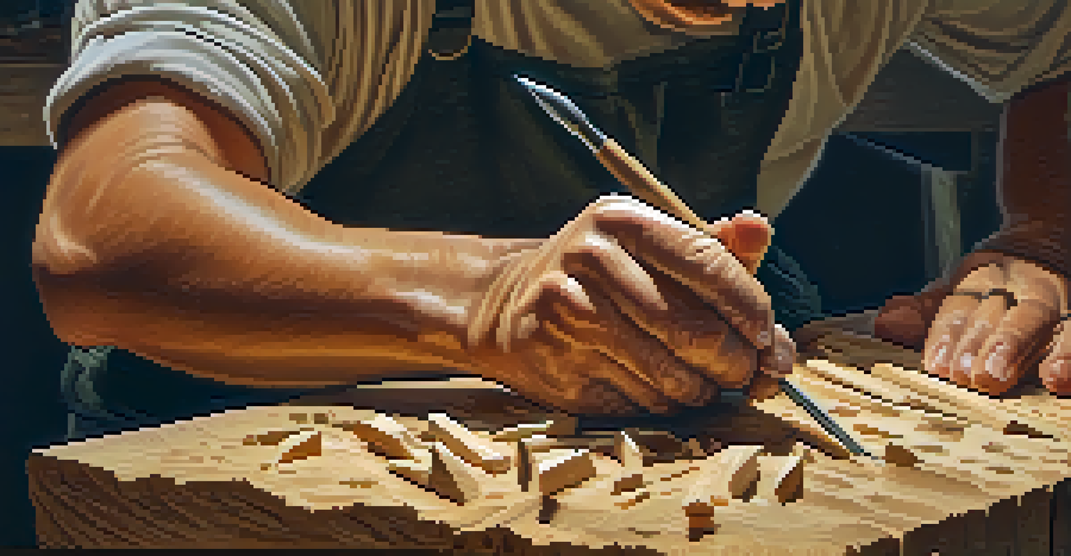 Close-up of hands carving wood with a chisel, showcasing skill and precision.