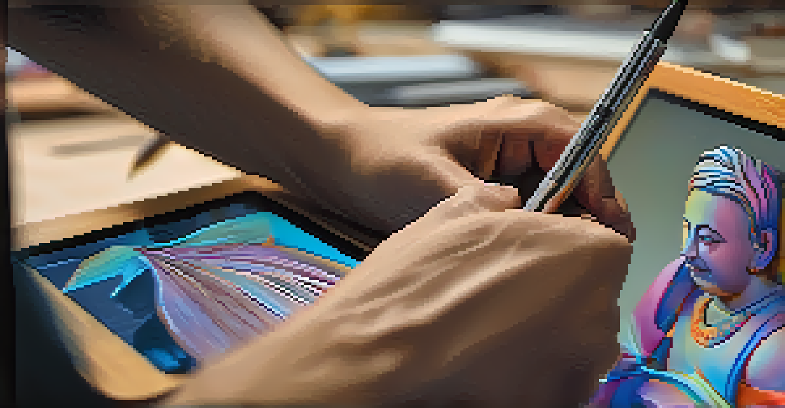 An artist's hand using a stylus on a tablet, creating a detailed 3D model of a sculpture, with colorful textures visible on the screen.