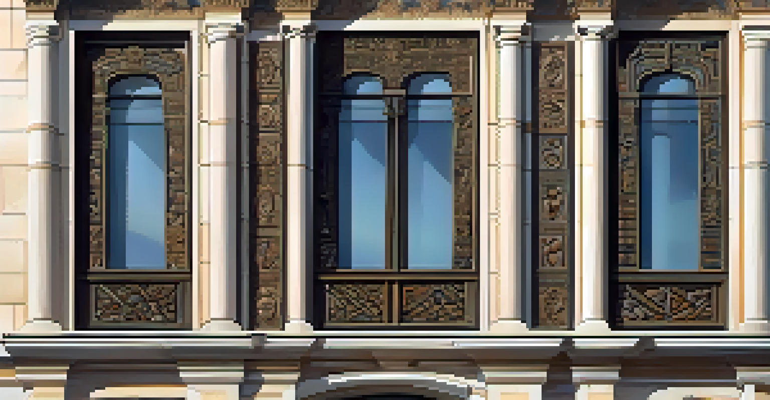 A modern building with a facade featuring traditional stone carvings, contrasting with glass windows under warm sunlight.