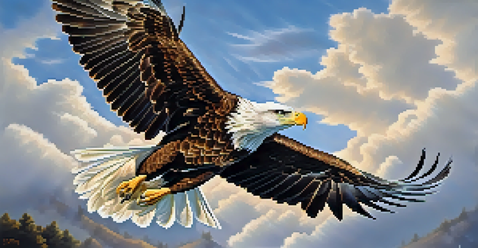 A majestic eagle soaring in the sky with wings spread wide, sunlight reflecting off its feathers.