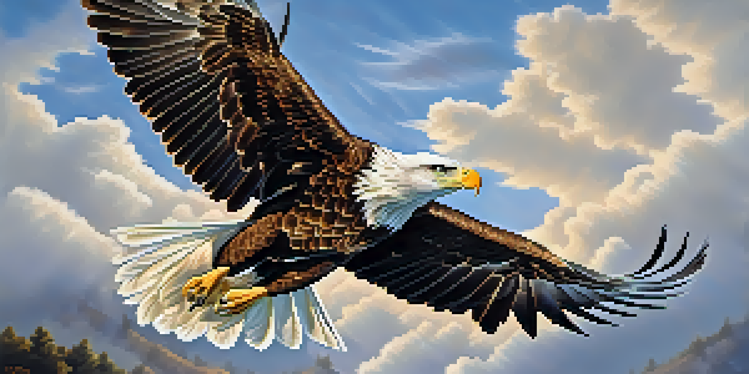 A majestic eagle soaring in the sky with wings spread wide, sunlight reflecting off its feathers.