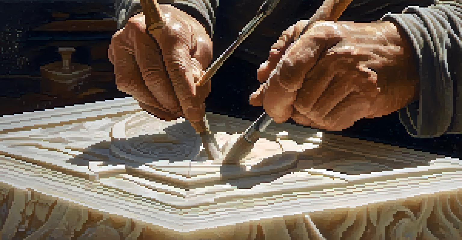 A close-up of an artisan skillfully carving marble, showcasing hands, tools, and intricate stone textures in warm light.