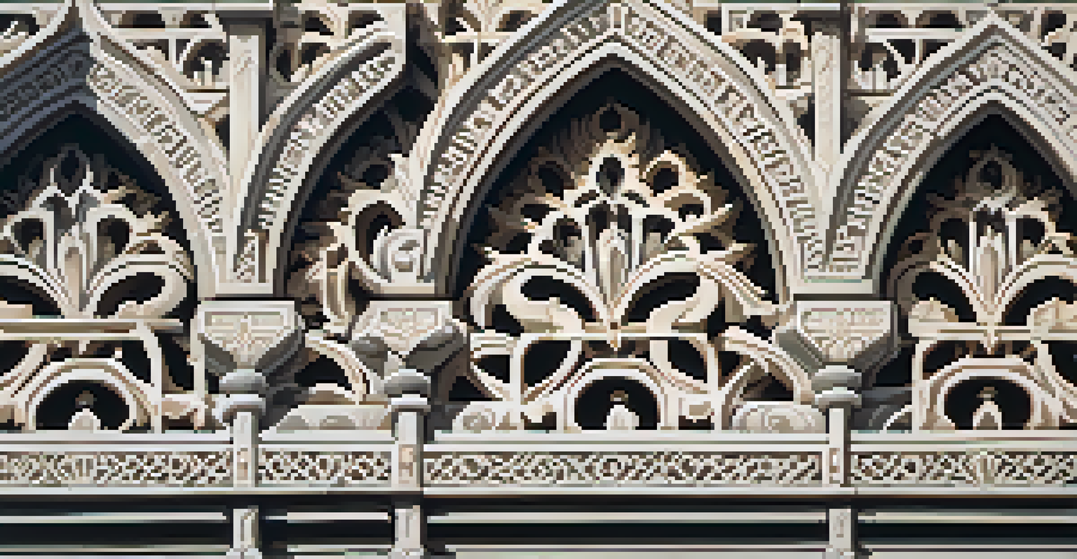 Close-up of an intricately carved Gothic stone facade, highlighting floral motifs and textures.