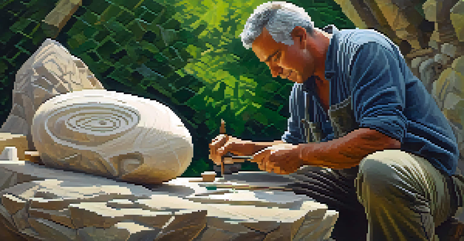 An artisan carving a large stone sculpture outdoors, with natural light highlighting the focused expression and intricate details of the work in progress.