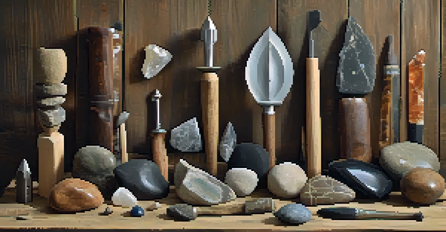 A display of various ancient stone tools on a wooden background, showcasing their colors and textures with labels.