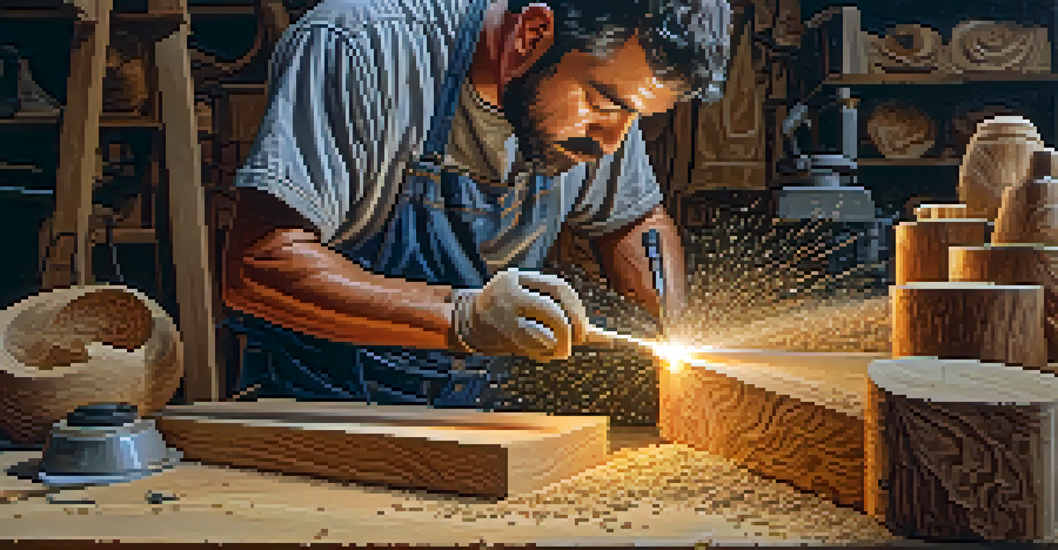 An artisan carving a wooden sculpture with a die grinder, surrounded by wood shavings and bright lights.