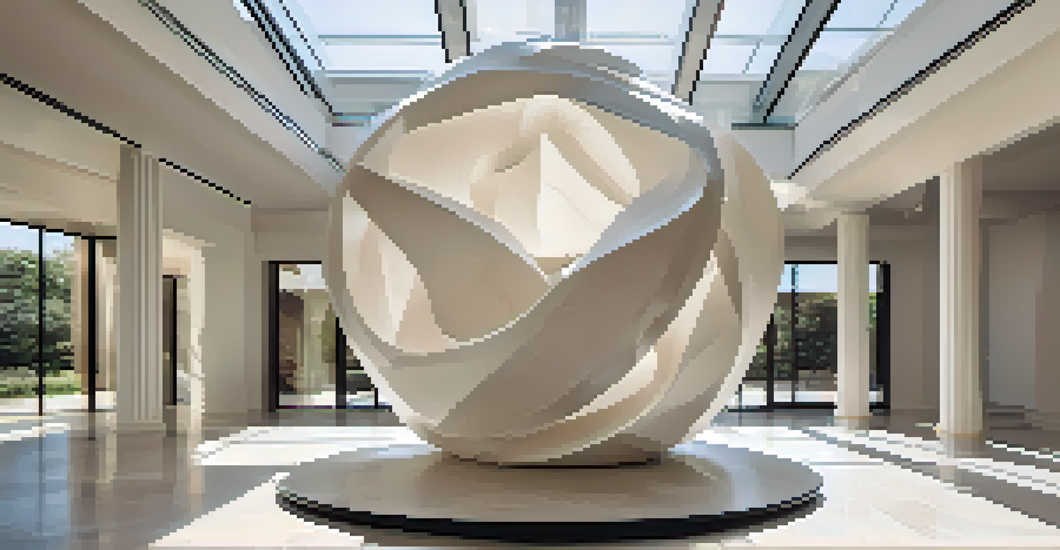 A large-scale CNC carved stone sculpture in a gallery, showcasing organic and geometric forms.