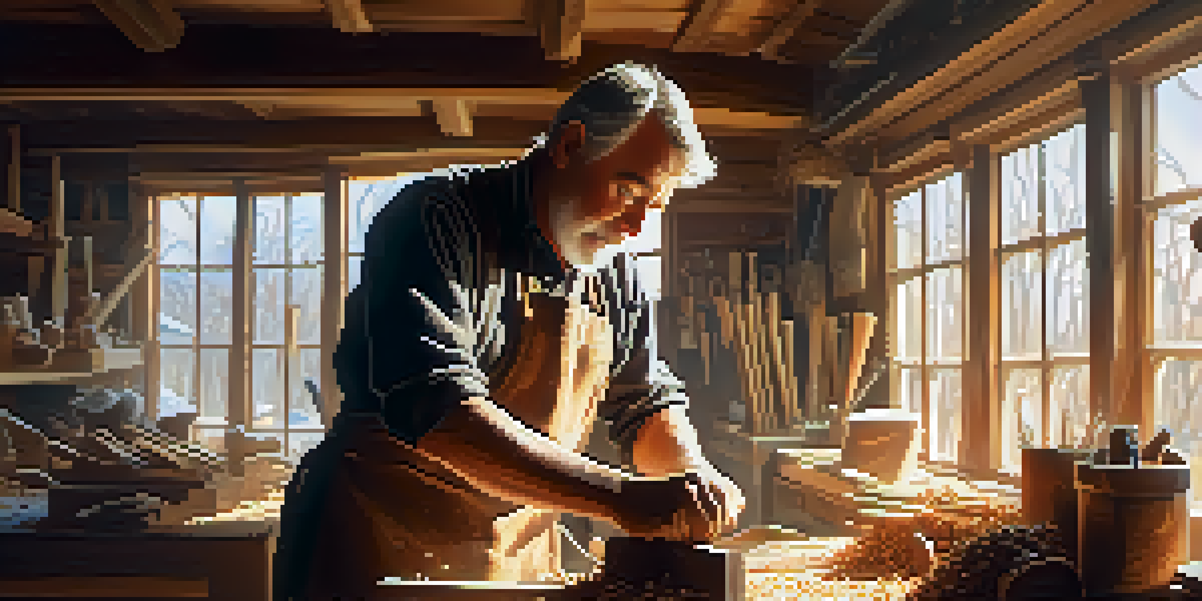 A middle-aged artisan chiseling a wooden sculpture in a sunlit workshop, surrounded by tools and wood shavings.