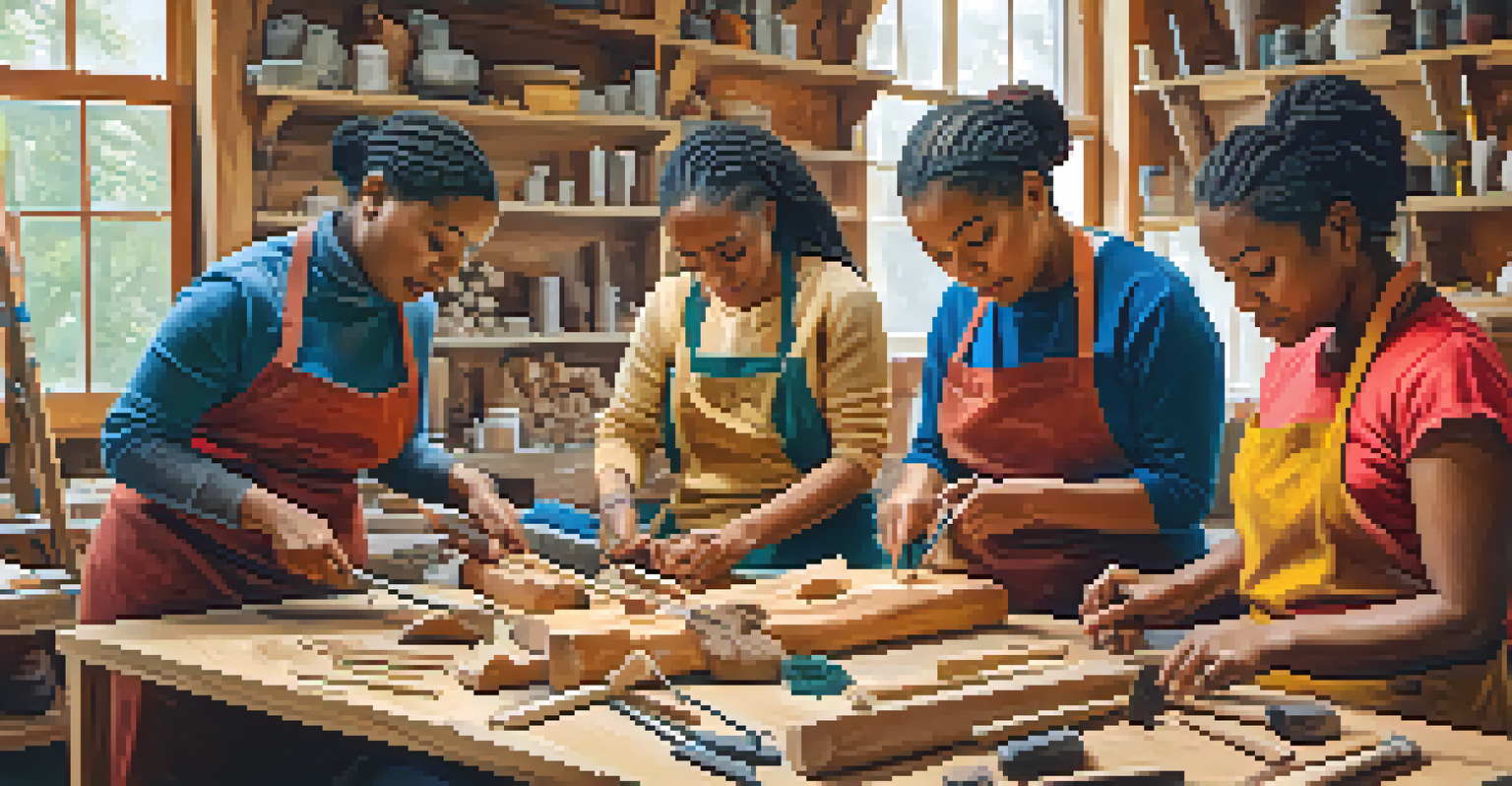 A diverse group of women in a carving workshop, focused on their projects, surrounded by tools and colorful materials.