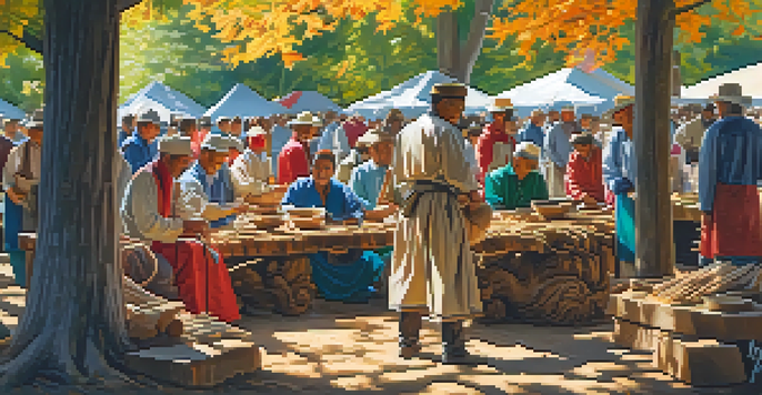 A lively outdoor carving festival with artisans demonstrating wood carving techniques, colorful banners, and an engaged audience.