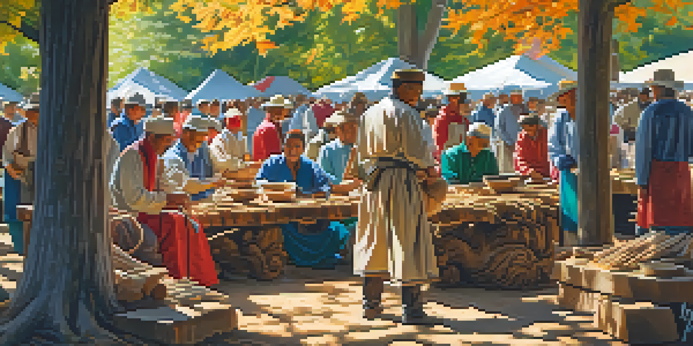 A lively outdoor carving festival with artisans demonstrating wood carving techniques, colorful banners, and an engaged audience.