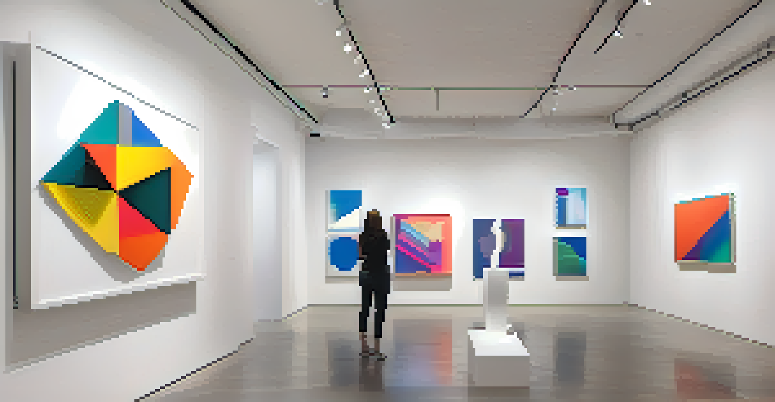 A vibrant abstract sculpture made with 3D printing in a minimalist art gallery, with visitors observing it.