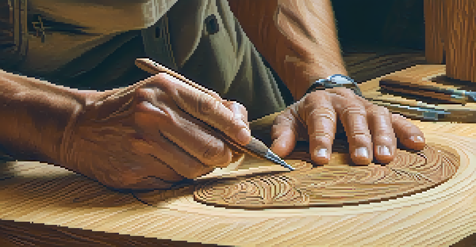 Close-up of a male carver's hands working on an intricate wood carving, emphasizing skill and detail.