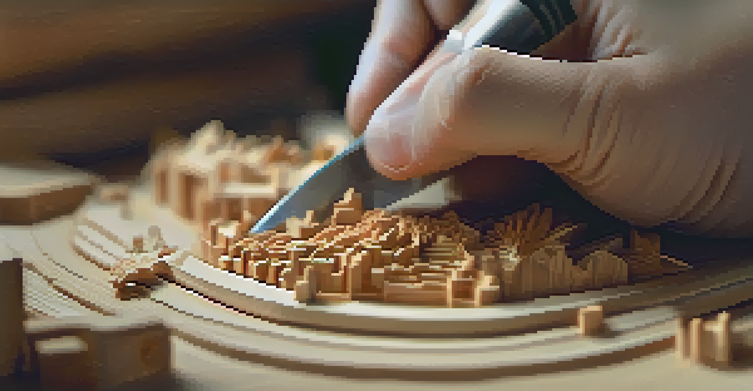 A close-up view of a hand carving details into a wooden animal figure with a carving knife.