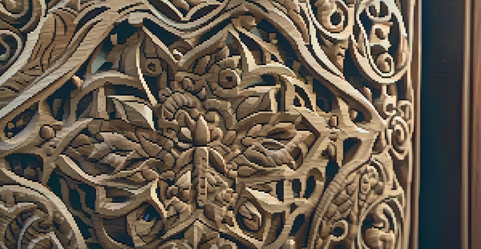 A close-up view of a beautifully carved wooden sculpture with detailed textures, illuminated by natural sunlight.