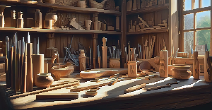 A workshop filled with wood carving tools and a partially finished wooden sculpture, illuminated by sunlight.