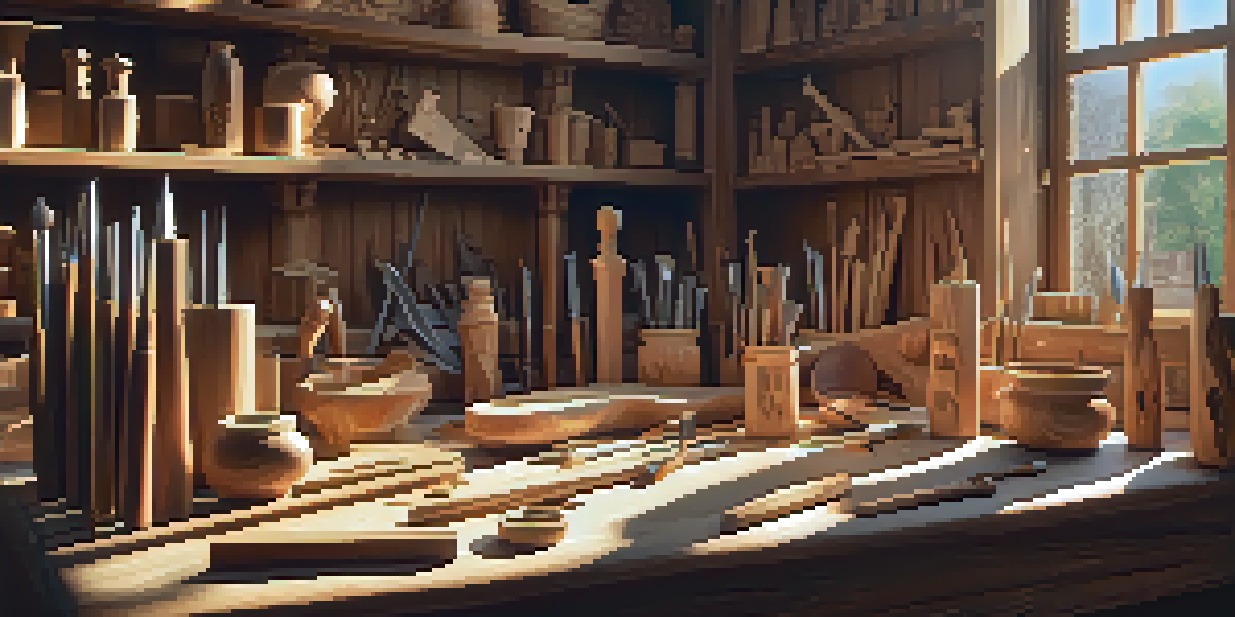 A workshop filled with wood carving tools and a partially finished wooden sculpture, illuminated by sunlight.