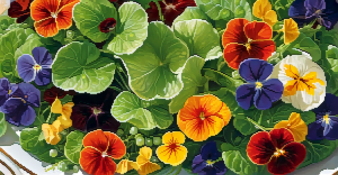 A colorful salad with edible flowers like nasturtiums, pansies, and violets on fresh greens, illuminated by soft sunlight.